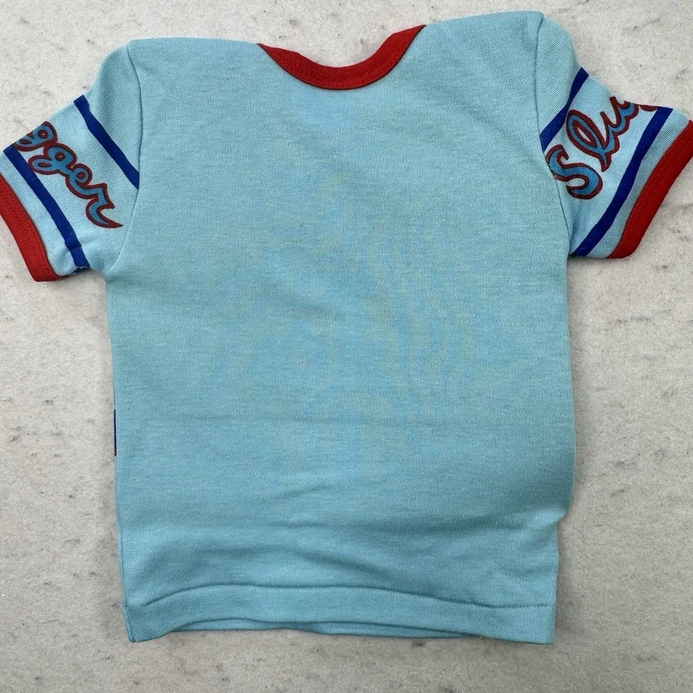 Vintage 1981 Babyfair Baby T Shirt Little Slugger Baseball Star Infant 0-6 Month